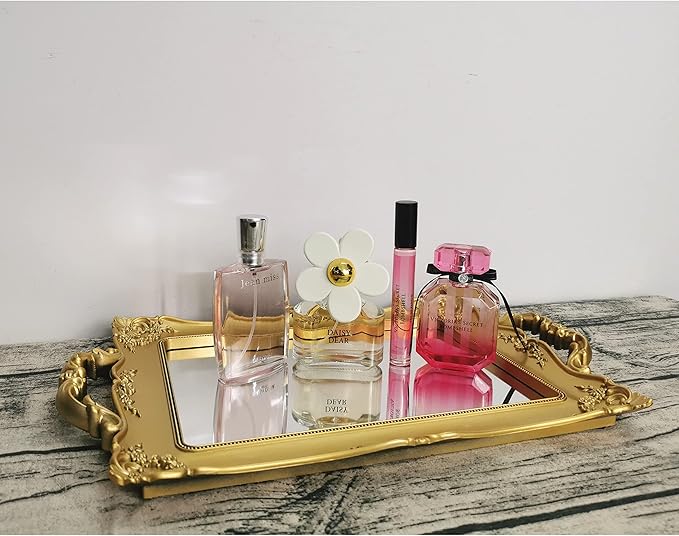 Hamphinee Rectangle Floral Decorative Mirror Tray, Perfume Organizer, Jewelry Dresser Organizer Tray & Display, Makeup Organizer Vanity Tray, Serving Tray, 9.3"x14.9", Gold