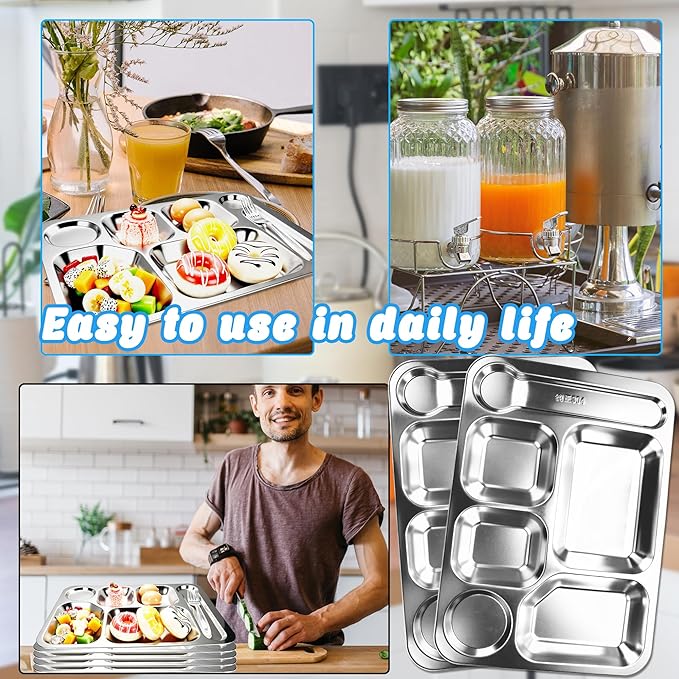 8 Pack 304 Stainless Steel Divided Plates Tray 6 Section Dinner Plates Unbreakable Metal Serving Platter Rectangular Control Plate for Adults Picky Eaters Campers Portion Control