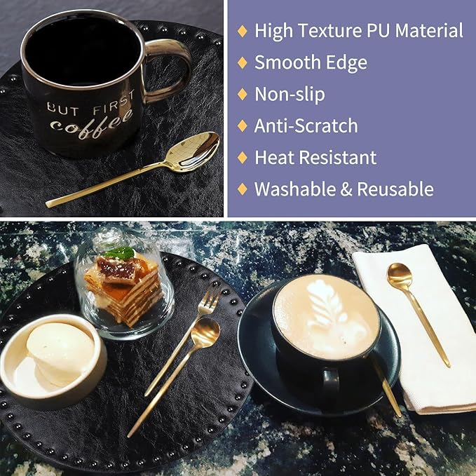 FAVE Black Faux Leather Placemats 13.78Inches Round Placemat Set of 2 Heat Resistant Place Mats for Kitchen Table Wipeable Fall Placemats Table Mats with Rivets High Texture Placemat (Black)
