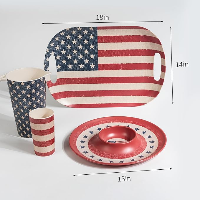 Kingen 2-Pack American Flag Serving Trays,18" Large Handled Tray & 13" Chip&Dip Platter, Stars & Stripes Dishes for 4th of July Independence Day, Picnics, BBQs & Parties (Bamboo Fiber, RBW)