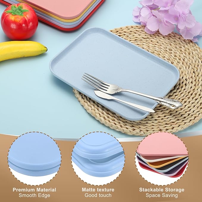 PATIKIL 15x10.6 Plastic Tray, 2 Pack Rectangular Plates Food Tray Wheat Plates Dishes Reusable Dessert Plate Trays with Cloth for Cake Fruits Salad Cupcake Steak Serving Blue