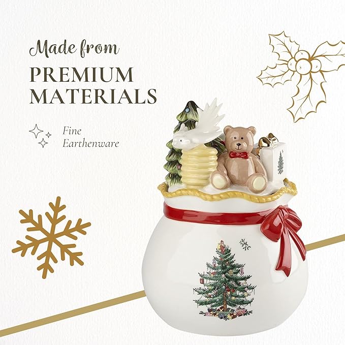 Spode Christmas Tree Candy Bowl with Lid, 8" Fine Earthenware Holiday Treat Storage Jar, Covered Box with Teddy Bear & Tree Motif, Holiday Serveware - Great for Festive Decor & Gifting