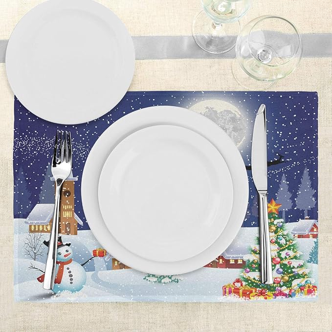 Ambesonne Christmas Place Mats Set of 4, Winter Season Snowman Xmas Tree Santa Sleigh Moon Present Boxes Snow and Stars, Washable Fabric Placemats for Dining Table, Standard Size, White Blue