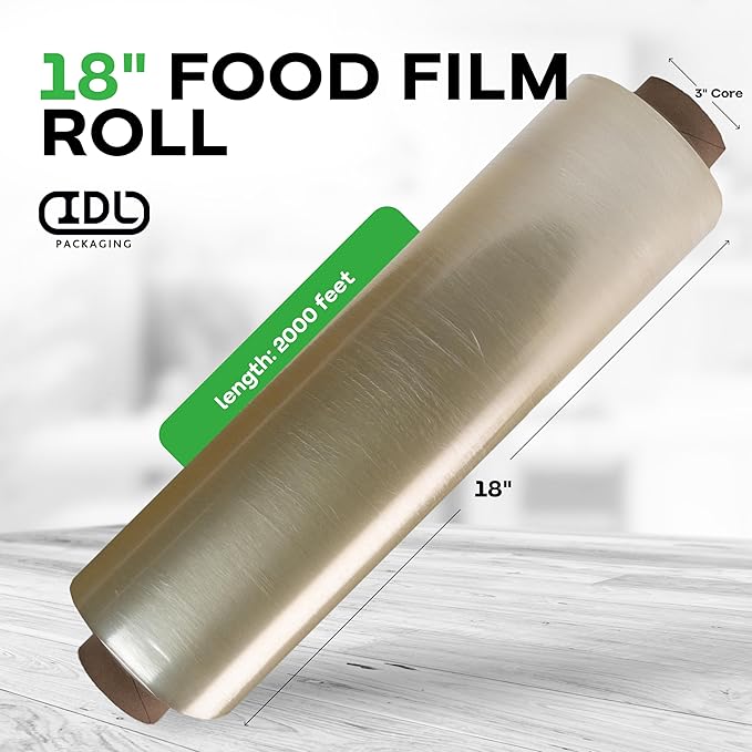 IDL Packaging 18" x 2000' Food Wrap Film Roll, 3" Core - USA-Made Clear Plastic Cling Film, BPA Free – Durable, Safe Food-Grade Wrap for Storing & Packing Food