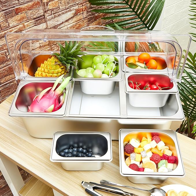 Tessco for you 16 Pcs Ice Food Spice Serving Display Countertop Chilled Condiment Container Set with Lid, Stainless Steel Salad Cold Caddy for Buffet Restaurant Kitchen Party(7 Compartments)