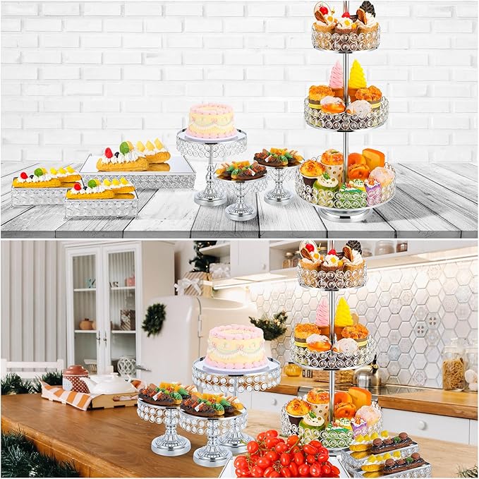Tioncy 7 Pcs Cake Stand Set with Crystal Beaded Mirror Metal Dessert Table Display Stands for Dessert Table Cupcake Holder for Birthday Party Wedding Festival (Silver)