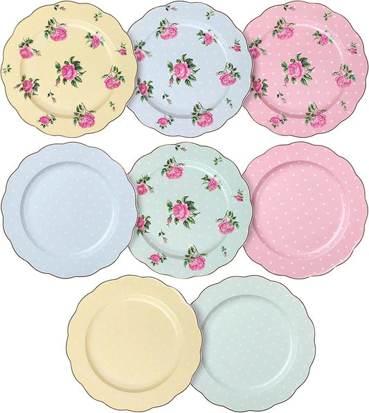 BTaT- Porcelain Floral Plates Set of 8, 8 Inch, Assorted Pastel Colors with Golden Rim, Floral Dessert Plates, Spring Dinnerware, Dishwasher & Freezer Safe