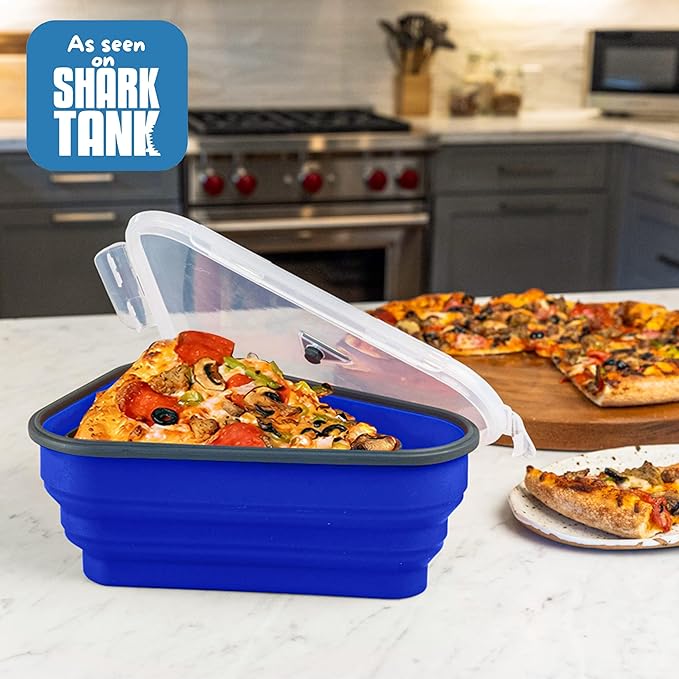 PIZZA PACK The Perfect Reusable Pizza Storage Container with 5 Microwavable Serving Trays - BPA-Free Adjustable Pizza Slice Container to Organize & Save Space, 3 Pack, Blue
