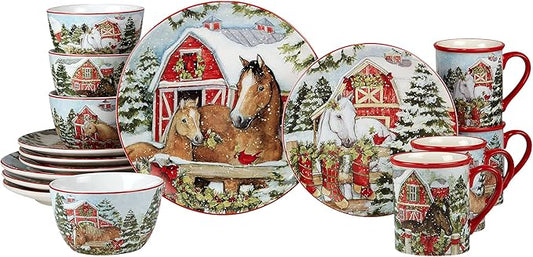 Homestead Christmas 16-Piece Dinnerware Set – Holiday Tableware for 4 with Festive Horse & Barn Scenes – Winter Ceramic Plates, Bowls & Mugs – Farmhouse Country Christmas Décor