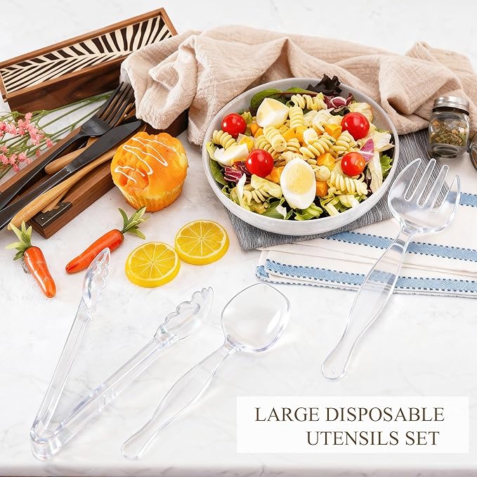 Mwellewm 48Pcs Plastic Serving Utensils 9'' Disposable Serving Spoons for Buffet Clear Forks Serving Tongs Heavy Duty Large Party Utensils Supplies for Restaurant Food Dinner Salad Noodles Soup
