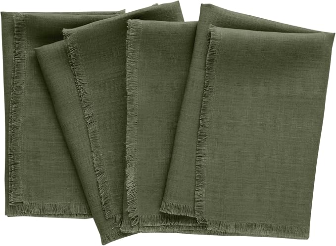 Solino Home Fringe Linen Cloth Napkins Set of 4-100% Pure Linen Desert Green Dinner Napkins 20 x 20 Inch for Christmas, Winter, New Year - Handcrafted and Machine Washable