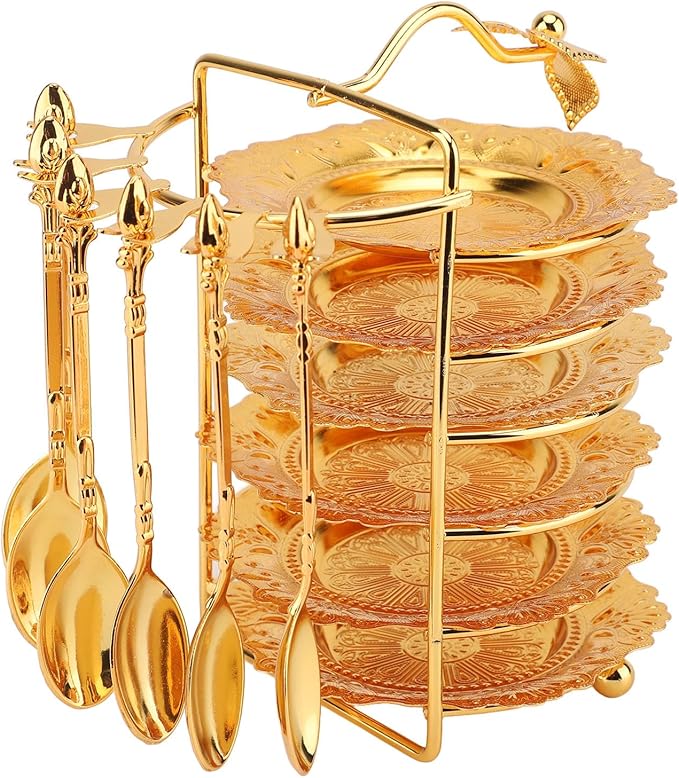 Keenso European Style Metal Plate Set, Zinc Alloy Elegant Cake Serving Tray with Spoon for Fruits Pasta Snacks Parties (Gold)