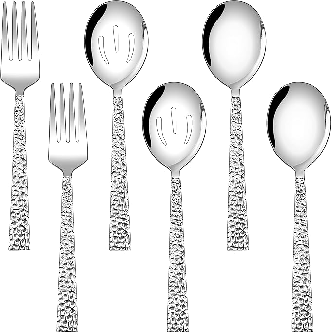 E-far Hammered Serving Utensils Set of 6, Stainless Steel 8.7 Inch Square Hostess Serving Set, Metal Serving Spoon Slotted Spoons Forks for Party Buffet Catering, Mirror Finished & Dishwasher Safe