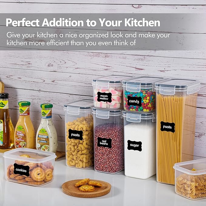 Airtight Food Storage Containers with Lids, Vtopmart 24 pcs Plastic Kitchen and Pantry Organization Canisters for Cereal, Dry Food, Flour and Sugar, BPA Free, Includes 24 Labels，Black