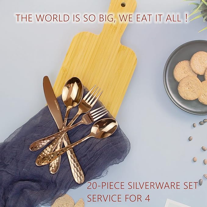 Hammered Silverware Set 20-Piece, 18/10 Stainless Steel Flatware Cutlery Silverware Set Service for 4, Unique Design Knife Fork Spoon Silverware Set, Mirror Polished,Dishwasher Safe (Rose Gold)