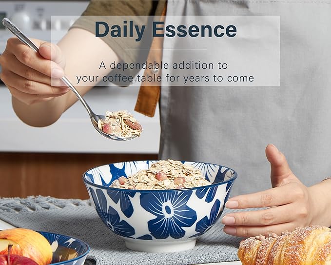 ONEMORE 20 oz Ceramic Cereal Bowls Set of 6, Porcelain Dinner Bowls for Soup, Dessert, Ice Cream - Microwavable, Dishwasher & Oven Safe, Large Kitchen Bowl, Scratch Resistant - Vintage Blue & White