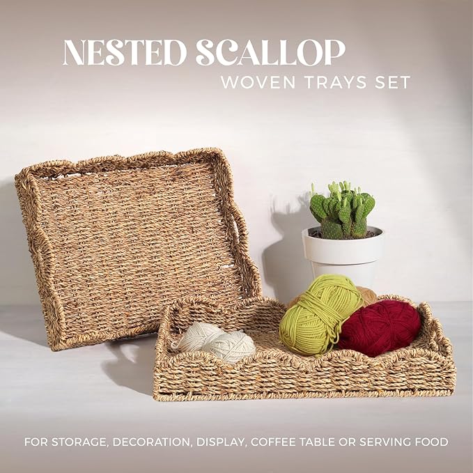 Seagrass Serving Tray with Scalloped Edge and Built-in Handles (17" x 13" x 3")