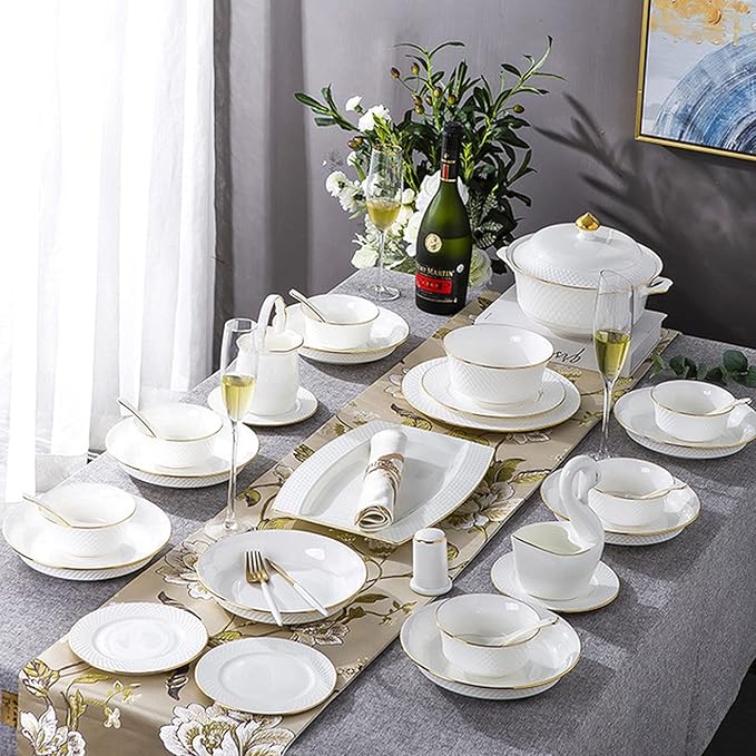 Milky White Porcelain Tableware Set Home Simplicity Combination Tableware Set of Bowls Dessert Plates Soup Plates Dinner Plates 60 Piece Set