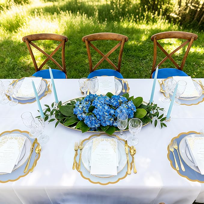 100 Pcs Dusty Blue Paper Placemats 13.5 Inch Disposable Scalloped Colorful Pastel Round Table Place Mats with Gold Edges, Decorative Colors Mats for Birthday Wedding Baby Shower Banquet Tea Party
