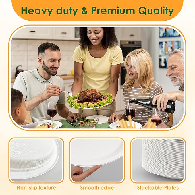 Disposable Oval Paper Plates, 25Pack 12.5inch Biodegradable Paper Plates, Compostable Heavy Duty Bagasse Platters Eco-Friendly Sugarcane for BBQ, Party, Picnic - White
