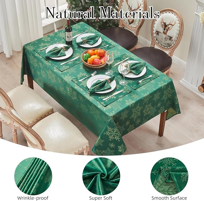 Rectangle Fancy Metallic Sparkling Snowflake Christmas Fabric Table Cloth red Hunter Gold Navy White Silver No-Iron Soil Resistant Woven Holiday Table Cover(Hunter Gold/60x144Inch)