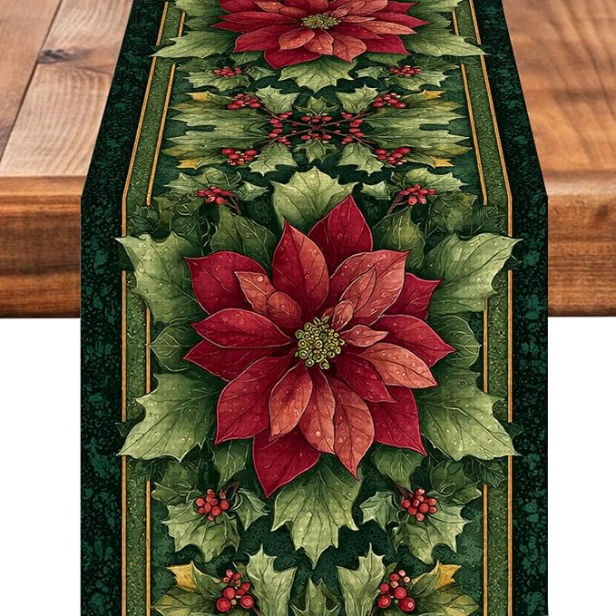Green Red Flowers Christmas Table Runner Seasonal Winter Kitchen Dining Linen Table Decoration for Indoor Outdoor Home Party Decor 13 x 72 Inch