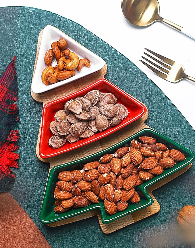 Colorful 10.8 Inches Snack Appetizer Trays Set, Christmas Tree Dessert Serving Dishes, Snack Platter, 3 pcs Removable Porcelain Plates with Bamboo Tree Tray