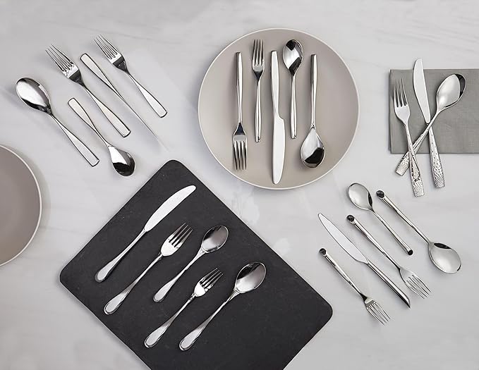 nambe Anna Flatware, 45-Pc Set, 18/10 Mirror Stainless Steel Silverware Cutlery Set, Designed for Home Kitchens, Hotel, or Restaurants, Service for 8 and a 3pc Hostess Utensil Set, Dishwasher Safe