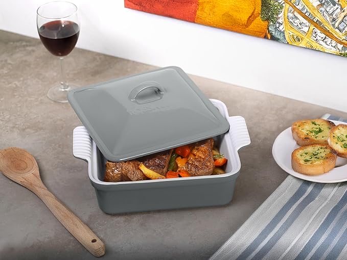Stoneware Casserole Dish Bakeware with Lid | Covered Square Dinnerware | Medium 2 Quart, [Passion Red]