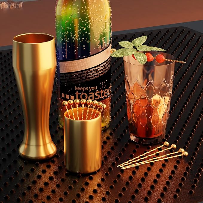 Metal Cocktail Picks 12Pack+Holder Kit, 304 Stainless Steel Toothpicks, Reusable Cocktail Skewers, Garnish Picks Bloody Mary Skewers, Martini Picks for Olives Appetizers Fruit (Thread Gold)