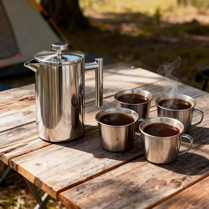 French Press Coffee Maker 34 Oz, Dual-wall insulation, easy clean, durable, Stainless Steel French Press Coffee Maker, Food grade, safe and reliable, suitable for home and camping, silver.