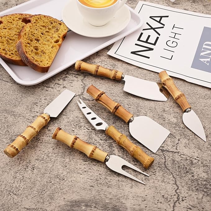 6-Piece Bamboo Silverware Set, Stainless Steel Flatware Hostess Serving Set Bamboo Utensils Tableware Set for Home Camping Travel Hotel - 6pcs Cheese Knife