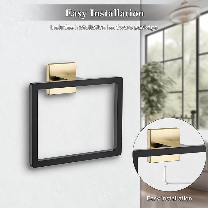 Black and Gold Towel Ring Square Hand Towel Holder Towel Hanger Bathroom Hardware Accessories Stainless Steel Wall-Mounted Towel Rack