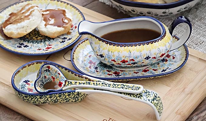 Blue Rose Polish Pottery - Yellow Prairie Garden Gravy Boat & Ladle - 1.5 Cup Capacity - Perfect Gravy Boat for Holiday Dinners, Dinner Parties, and Everyday Dining