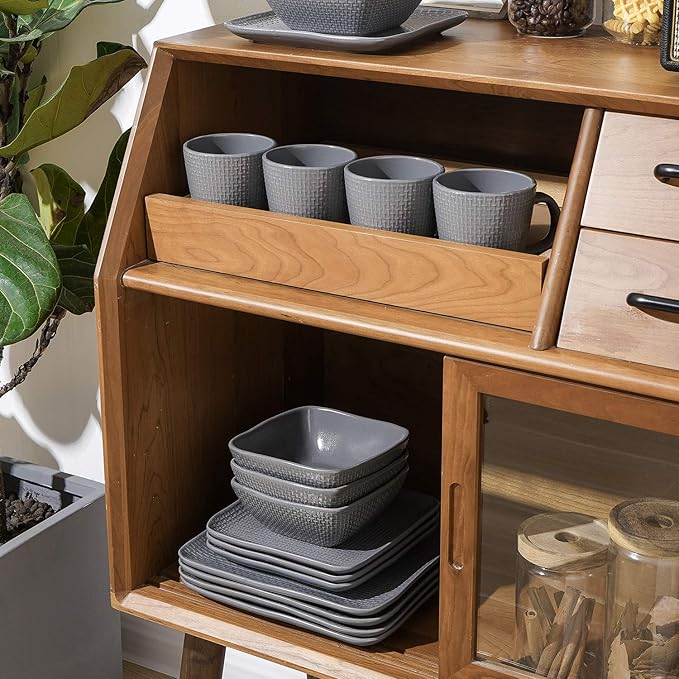Stone Lain 16 Piece Stoneware Square Weave Dinnerware Set, Service for 4, Gray