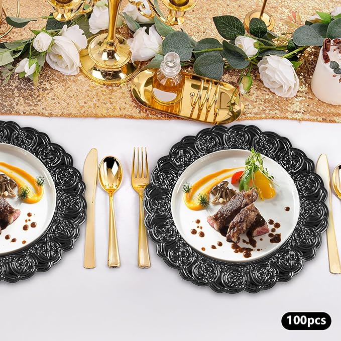 Black Plastic Charger Plates Set of 100, 13” Reusable Party Chargers for Dinner Plates, Elegant Round Service Plate Chargers Bulk Decorative for Wedding, Catering Table Decor