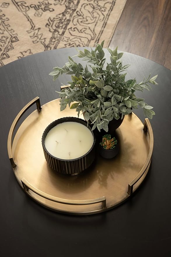 Kate and Laurel Gohana Round Tray with Metal Handles, 16 Inch Diameter, Antique Brass, Modern Glam Serving Tray with Handles for Use as Ottoman Topper or Living Room Decor