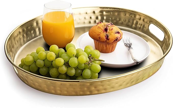 Monarch Abode Serving Tray with Handles – 17-Inch Hand Hammered Metal Platter for Living Room, Brushed Gold Finish Large Ottoman Tray Accent for Coffee Table, Tea & Food Serving Dish for Party