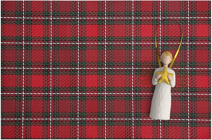 AHHFSMEI Christmas Placemats Set of 6 for Dining Table Washable Woven Vinyl Non-Slip Placemat Heat-Resistant Durable Table Mats for Dining Table Easy to Clean (Red Grid)