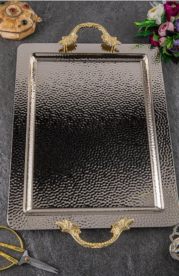 Decorative Serving Tray with Gold Handles, Hammered Stainless Steel, Large Rectangle, Premium Food-Safe