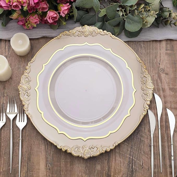 13" Charger Plates -Set of 24 - Acrylic Taupe Round Baroque Disposable Chargers Leaf Embossed Rim, Ideal for Dinner Party Wedding Bulk Events