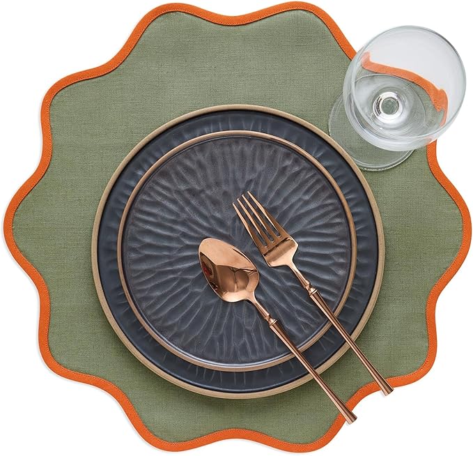 Solino Home Linen Placemats Set of 4-100% Pure Linen Persimmon Orange and Oil Green Round Cloth Placemats 16 Inch for Christmas - Giselle Scallop Edge, Handcrafted and Machine Washable