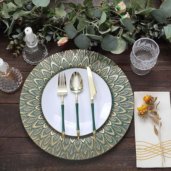Efavormart 6 Pack | 13" Teal/Gold Embossed Peacock Design Plastic Serving Plates, Round Disposable Charger Plates