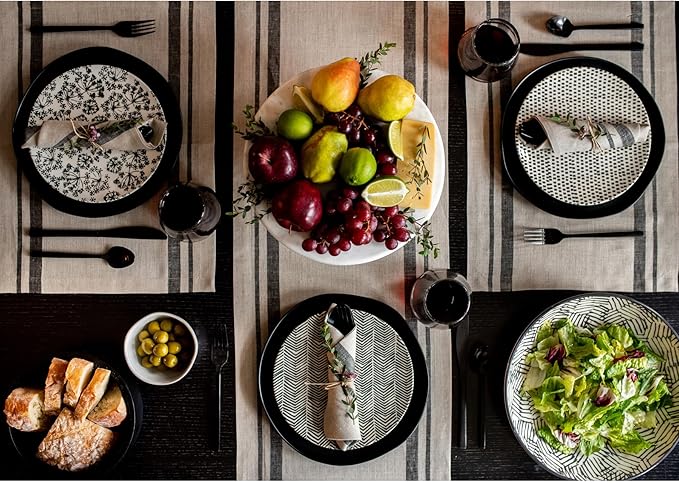 Solino Home Linen French Stripe Placemats Set of 4-100% Pure Linen Black and Natural Placemats 14 x 19 Inch for Winter, Holiday - Handcrafted and Machine Washable