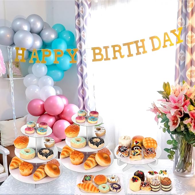 Zopeal 7 Pcs Dessert Table Display Set 3-Tier Cupcake Stand 1-Tier Cup Cake Display Tower Platters and Serving Trays Cardboard Cake Cookie Holders for Wedding Birthday Party Baby Shower(White)