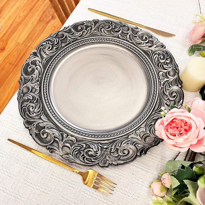 Antique Silver Charger Plates Embossed Rim, 13 Inch Dinner Plate Chargers Round Server Ware. Set of 6 Plastic Charger for Dinner, Wedding, Elegant Tableware Decor
