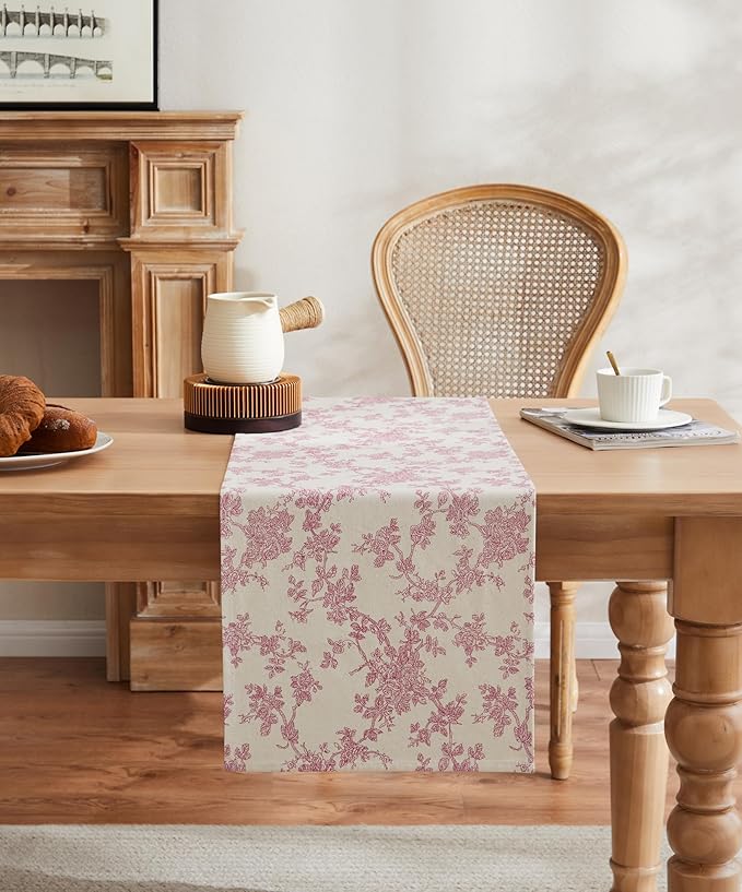100% Cotton French Pastoral Table Runners, 13x48 Inch Pink Farmhouse Table Runners 48 Inches Long, Vintage Flowers Print Home Decors