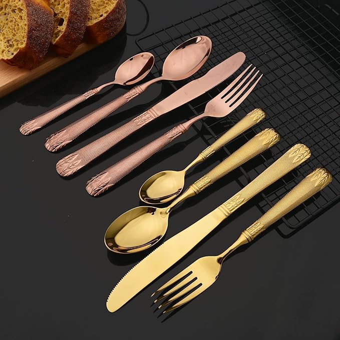 JASHII 304 Stainless Steel Hammered Silverware Set with Wheat Spike Pattern, Modern Eating Tableware Flatware Set, Service for 6. Flat Handle, Dishwasher Safe - Shiny Gold