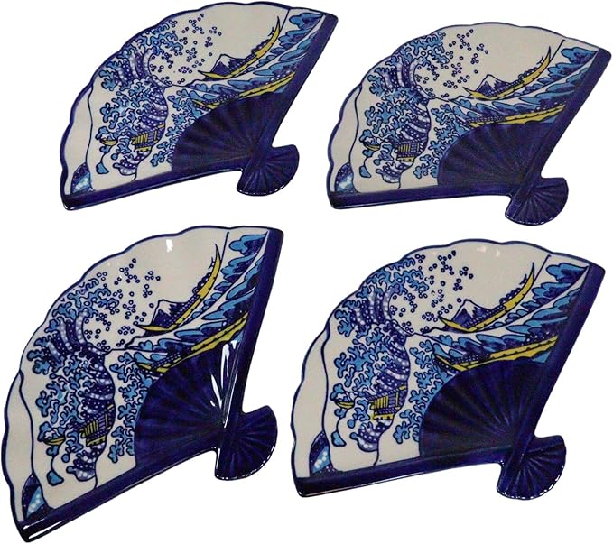 Ebros Pack Of 4 Colorful Oriental Folding Fan Shaped Appetizer Sushi Dessert Serving Dish Plates Decorative Asian Artistic Dinner Lunch Serveware Plate Set (White And Blue Hokusai The Great Wave)
