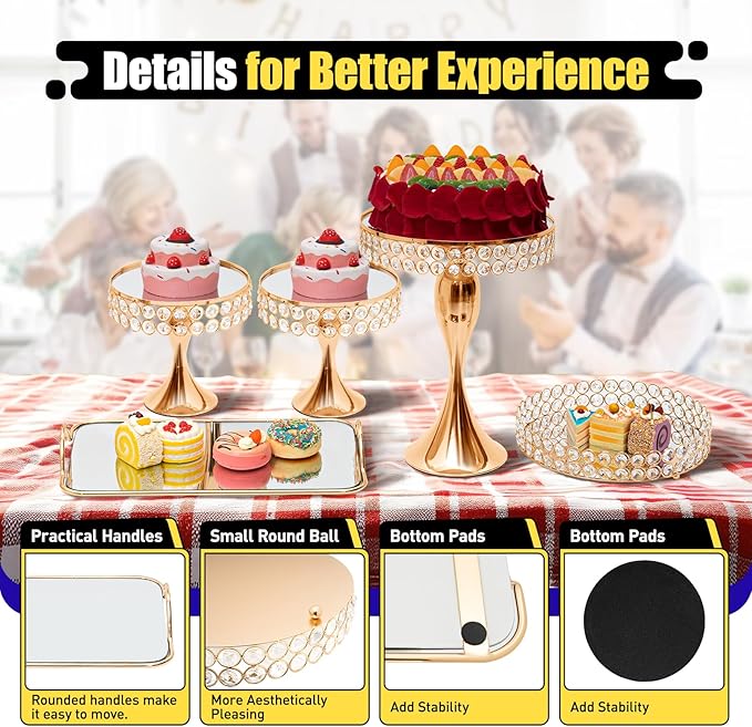 10PCS Wedding Metal Dessert Table Set, Crystal Cake Stand Cupcake Holder Gold Cake Display with Acrylic Mirror Surface, Cupcake Dessert Plate Display for Birthday Party
